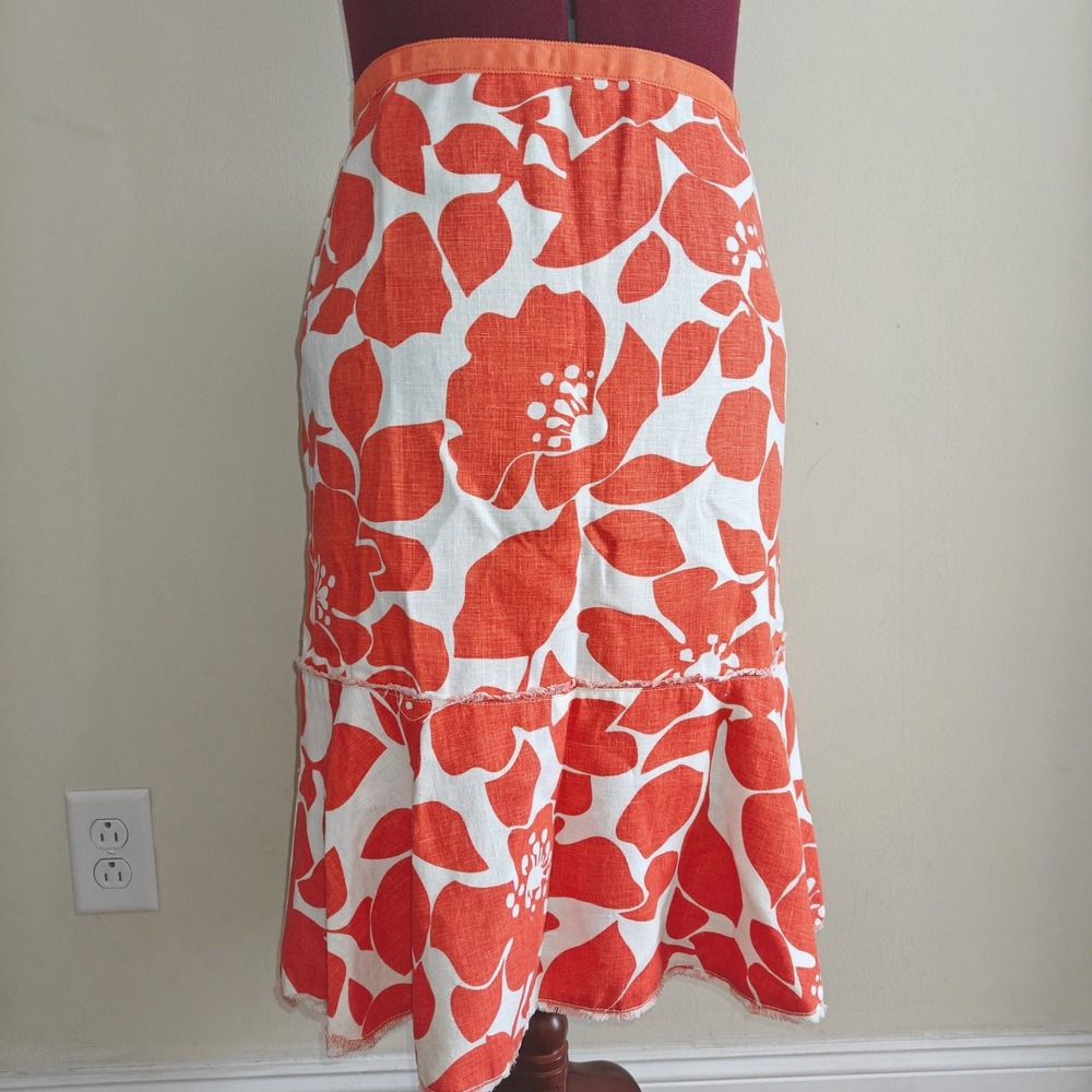 J. Crew Size 6 Orange Floral 100% Linen‎ Trumpet Skirt Knee-Length Ruffle Flare